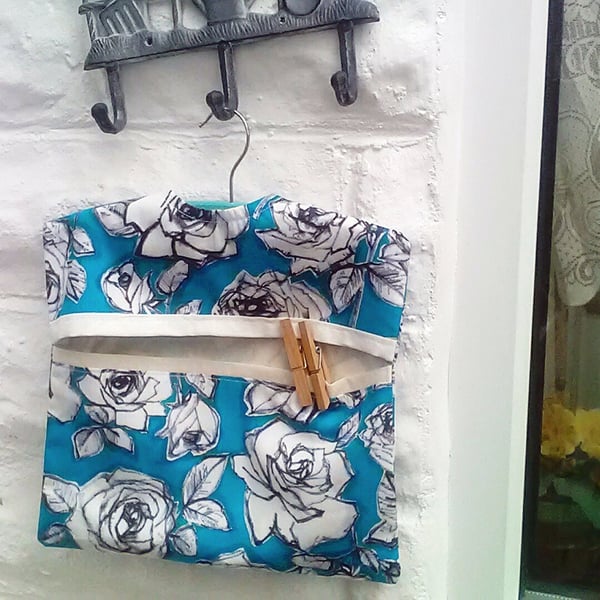 Peg Bag Lined Blue Roses Cotton Laundry Bag, includes Wood Hanger