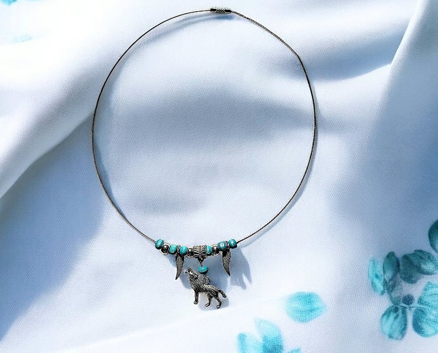 Wolf and feather choker, Gothic jewellery, boho jewellery