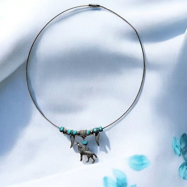 Wolf and feather choker, Gothic jewellery, boho jewellery