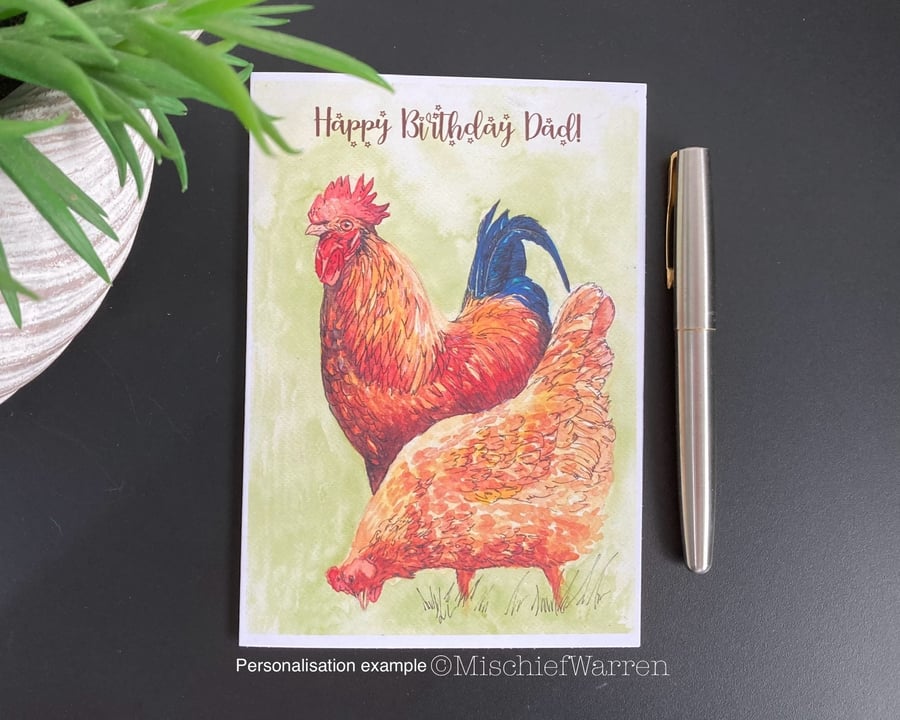 Cockerel and chicken card. Blank or personalised card. Rooster and hen card.