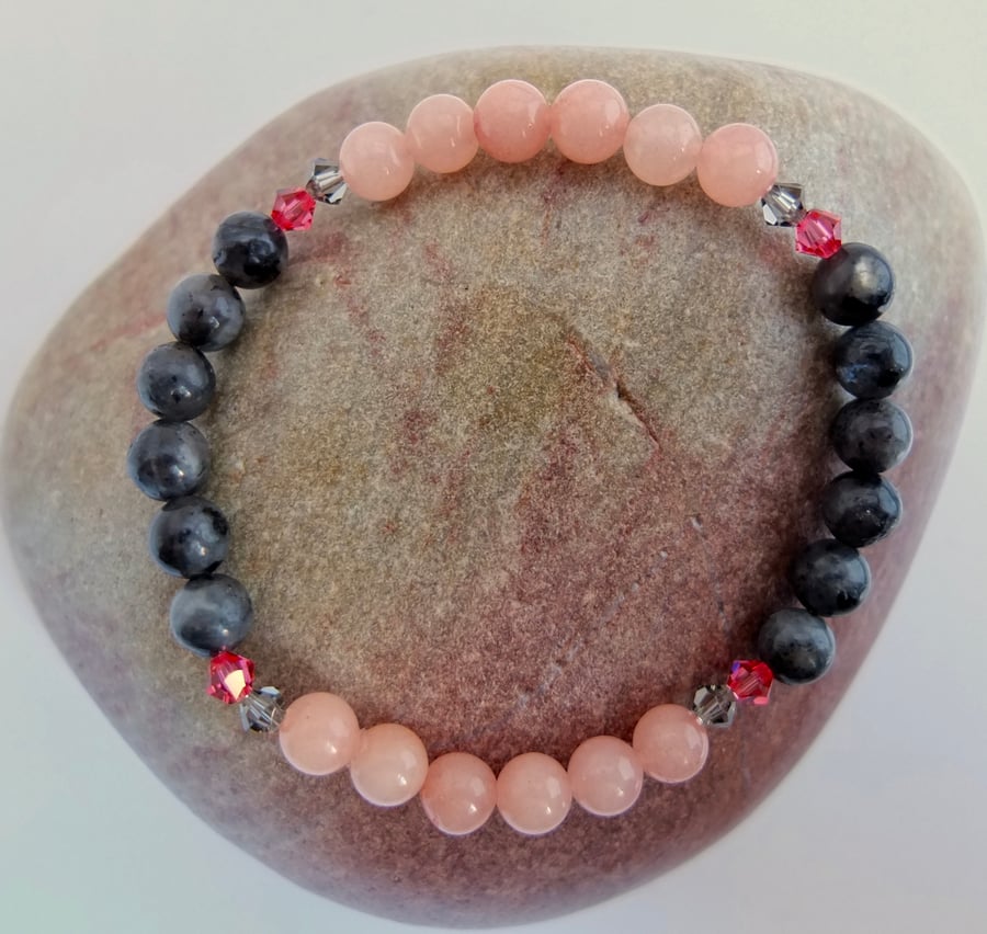 Pink Opal, Larvikite and Swarovski Crystal Bracelet - Handmade In Devon.