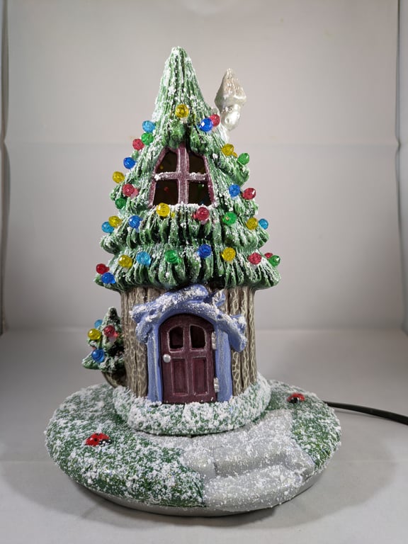 Ceramic Snowy Christmas Conifer Cottage House Table Lamp Ornament Decoration.