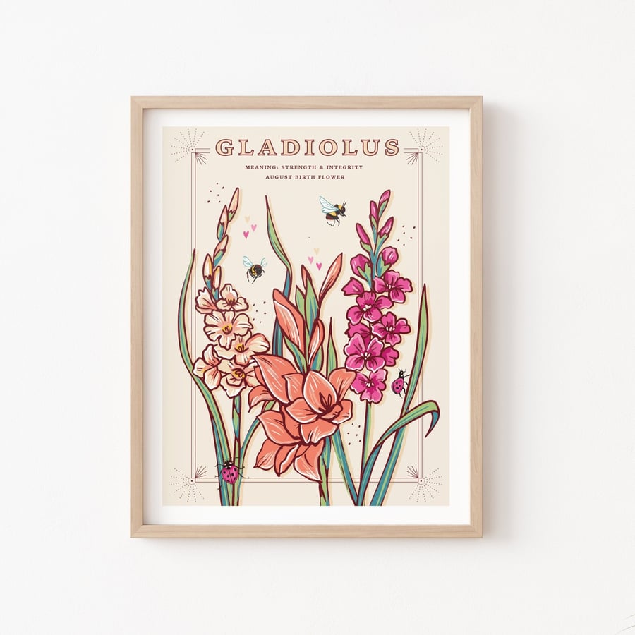 Gladiolus, August Birth Flower, Language of Flowers Illustration Print