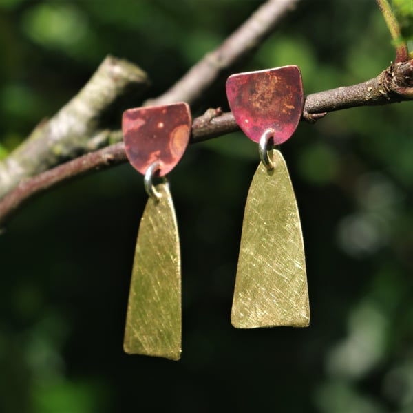 Brass  and Copper Dangle Stud  Earrings 