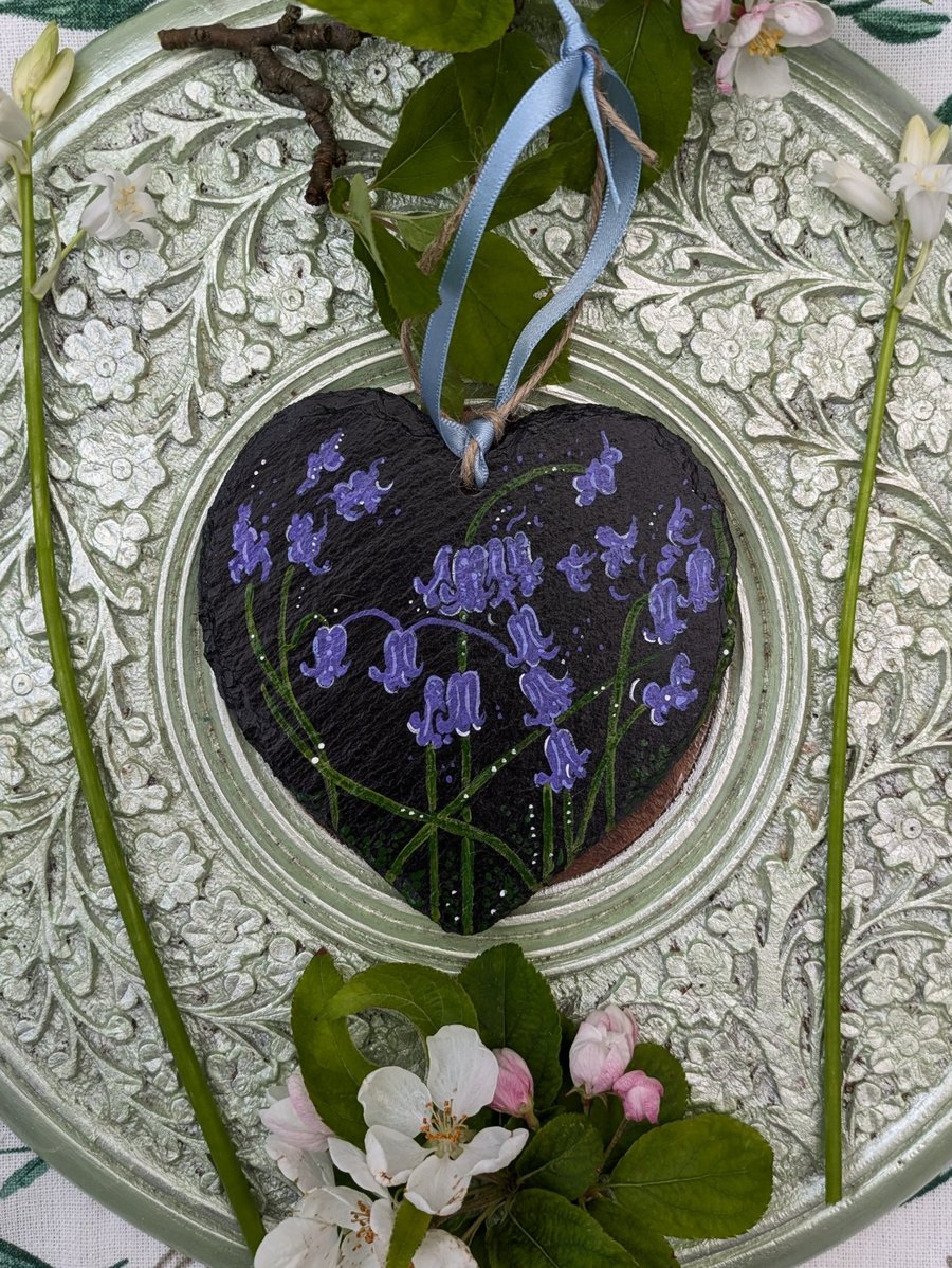 Bluebell hand-painted slate heart ornament