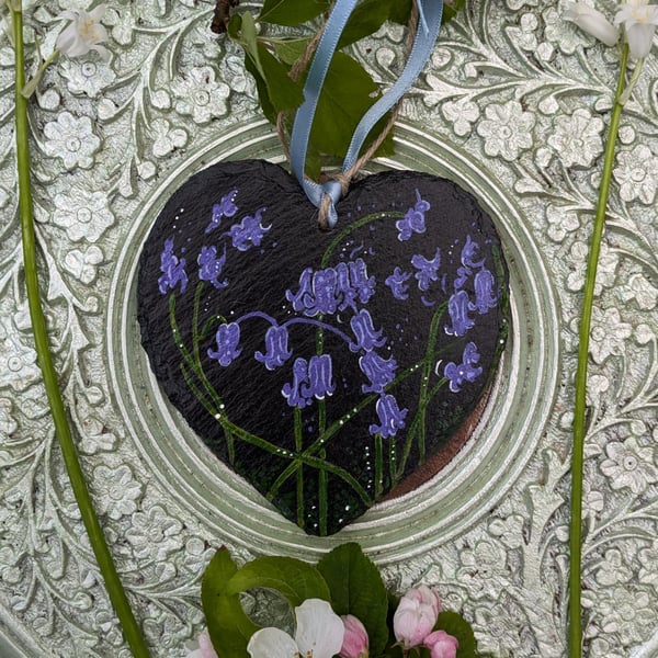 Bluebell hand-painted slate heart ornament