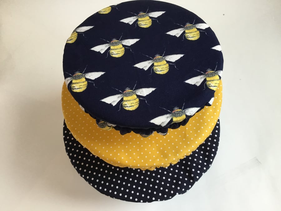 Set of 3 reusable bowl covers to keep food fresh and safe. Navy bees
