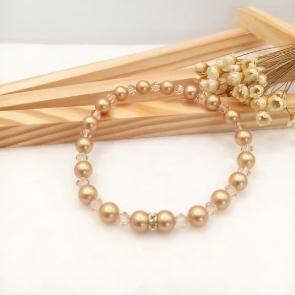 Pearl Bracelet - Gold Pearl and Crystal Stretch Bracelet - Special Occasion  