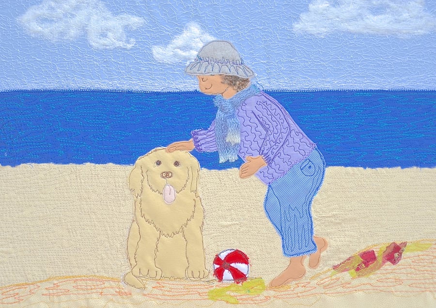 Original textile art - Child and dog on beach applique seaside artwork Labrador