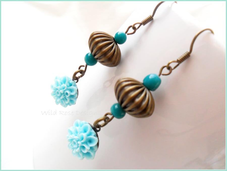 Turquoise flower drop Earrings - Sale item!
