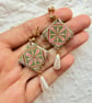 Pink & Olive Green Tile Pearl Drop Earrings - Image 4