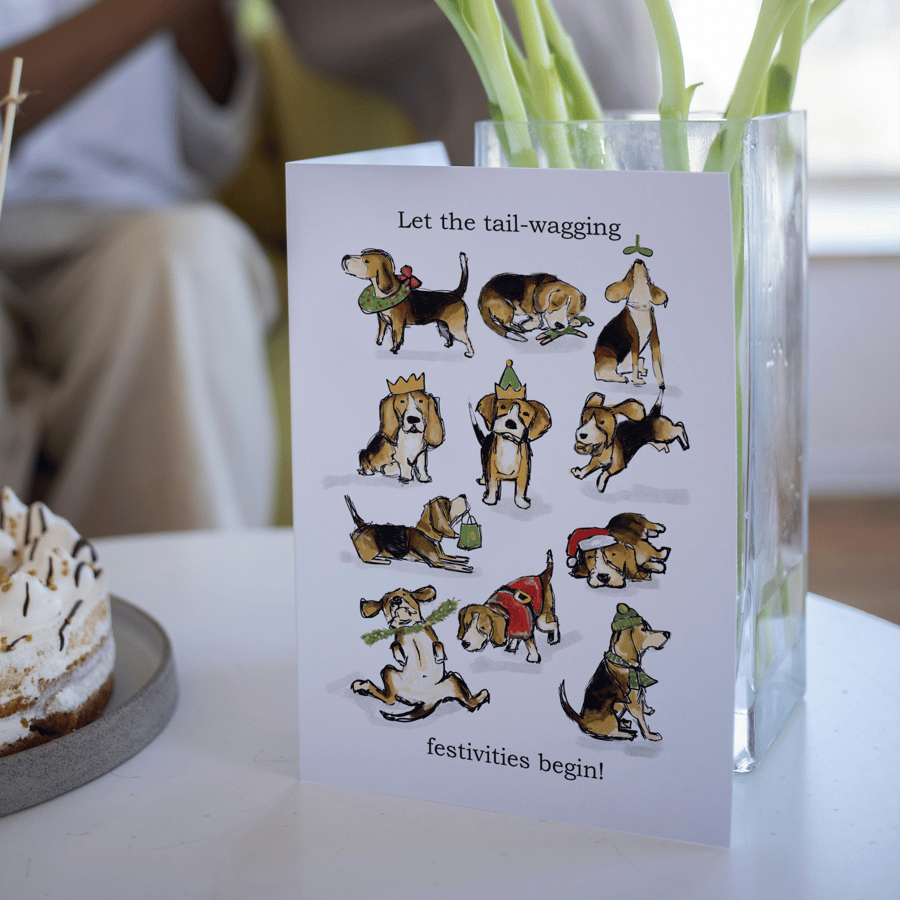 Beagle Christmas Card, a6 250gm cardstock with Red envelope, blank inside 
