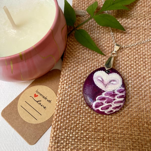 Whimsical Purple Sleepy Baby Owl Pendant Necklace Hand Painted On Drilled Stone