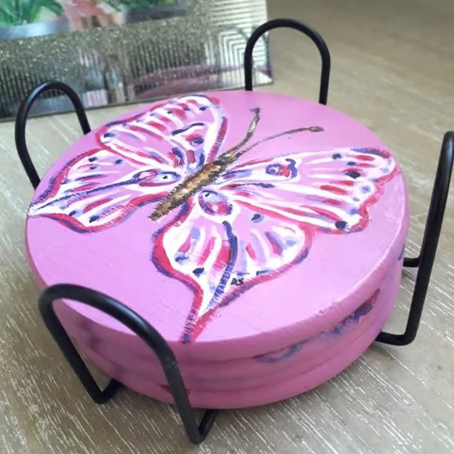Handpainted 'pink with butterflies' coasters, set of four and holder.  