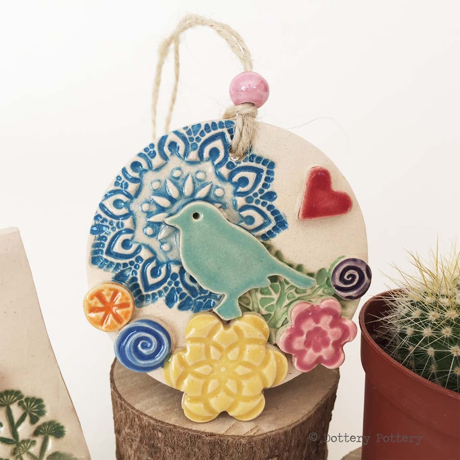 Ceramic decoration with bird and flowers pottery bird ceramic flowers
