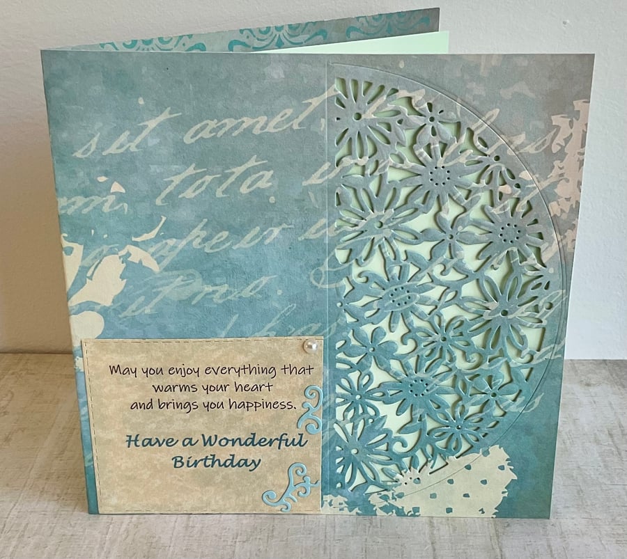 Birthday card. Pale teal and cream birthday card for him or her.