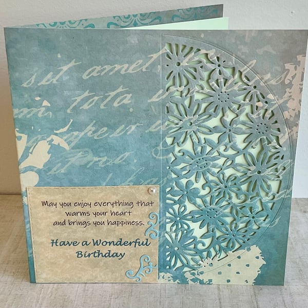 Birthday card. Pale teal and cream birthday card for him or her.