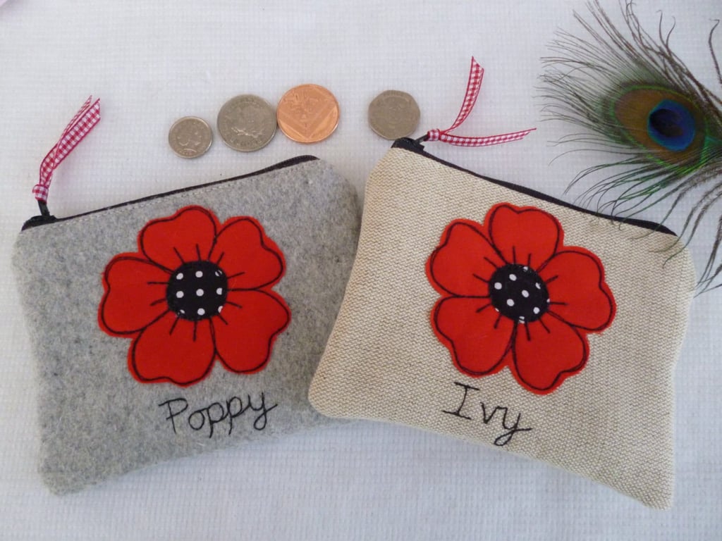 Personalised Flower or Poppy Coin Purse - Custom Pouch with Floral Applique