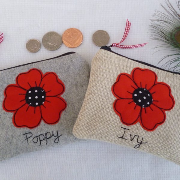 Personalised Flower or Poppy Coin Purse - Custom Pouch with Floral Applique