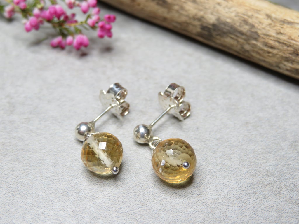 Citrine Sterling Silver Teddy Stud Earrings November Birthstone Yellow Gemstone 