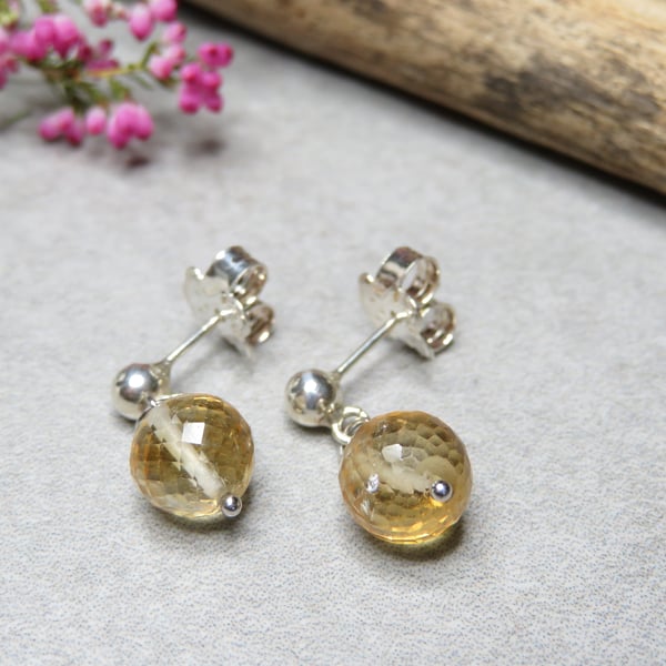 Citrine Sterling Silver Teddy Stud Earrings November Birthstone Yellow Gemstone 