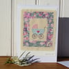 Little pram embroidered card welcome new baby, silk bow mop button Liberty print