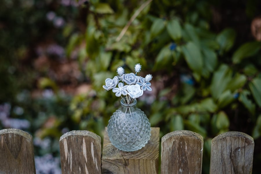 Snowball Vase - Grey and White Glass Flowers with Cut Glass Vase -
