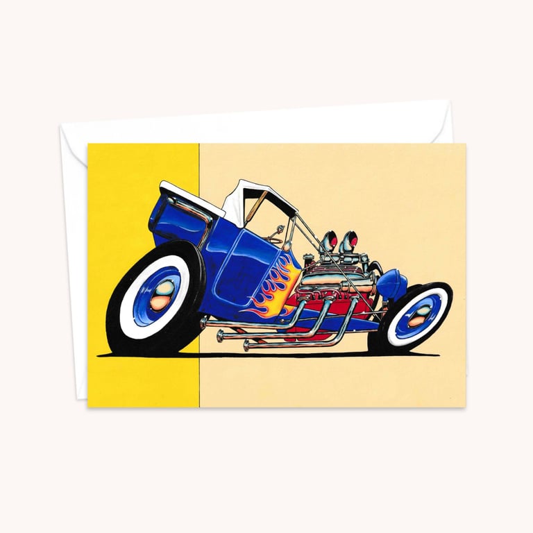 Flaming Hot Rod Greeting Card: Hand Drawn Illustration for a Car Lover (401)