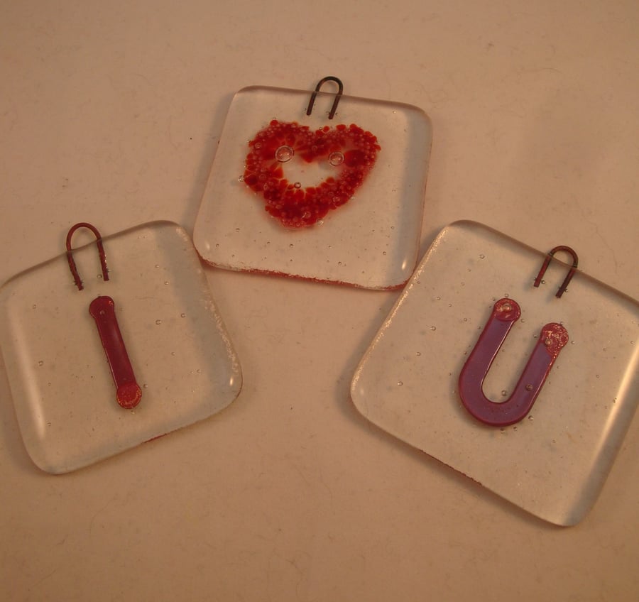Fused Glass Hanging Decorations -  I Love You