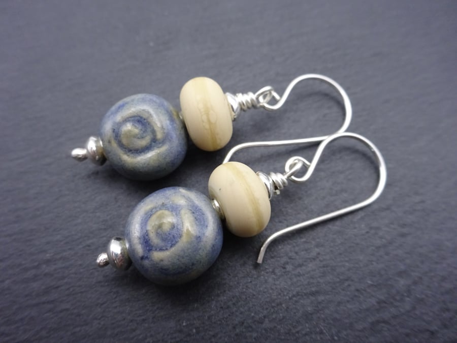 sterling silver earrings, blue grey ceramic rose jewellery