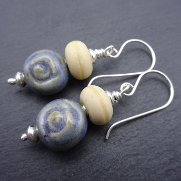 sterling silver earrings, blue grey ceramic rose jewellery