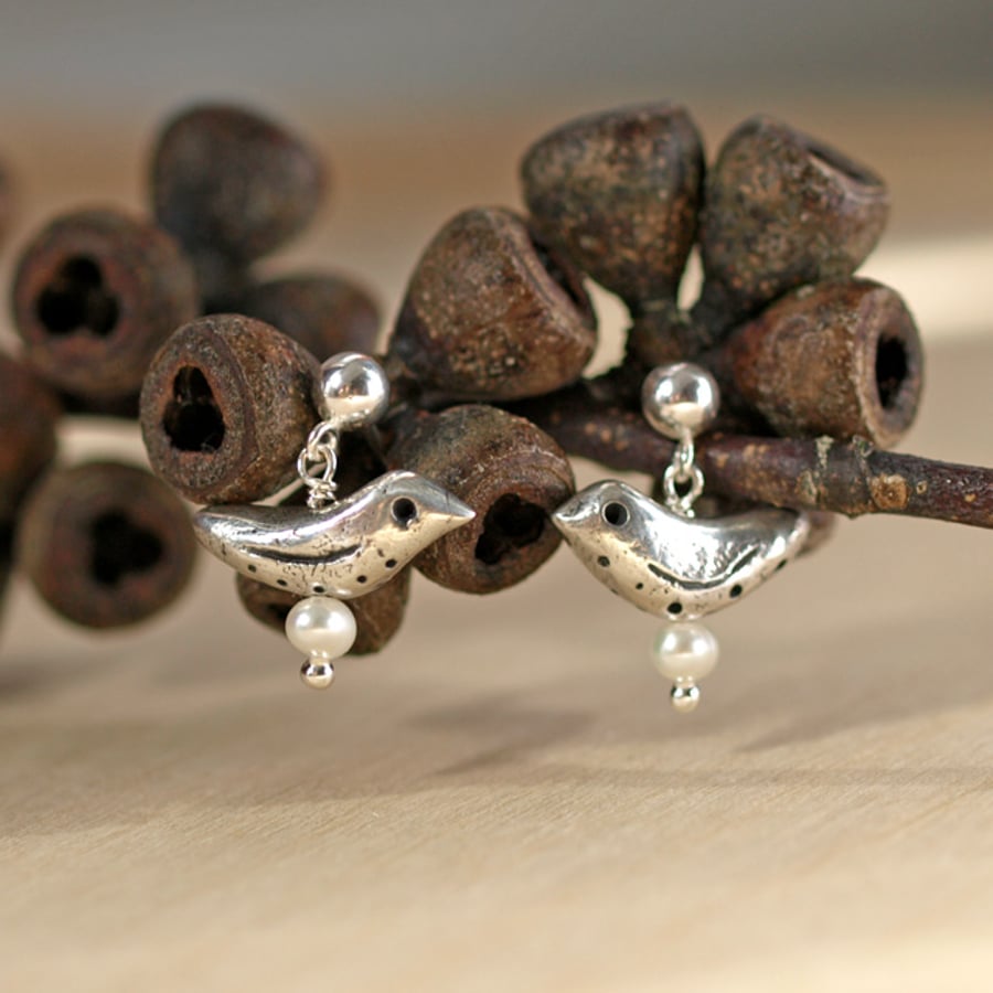 Perfectly Imperfect - Little Patterned Bird and White Pearl Earrings