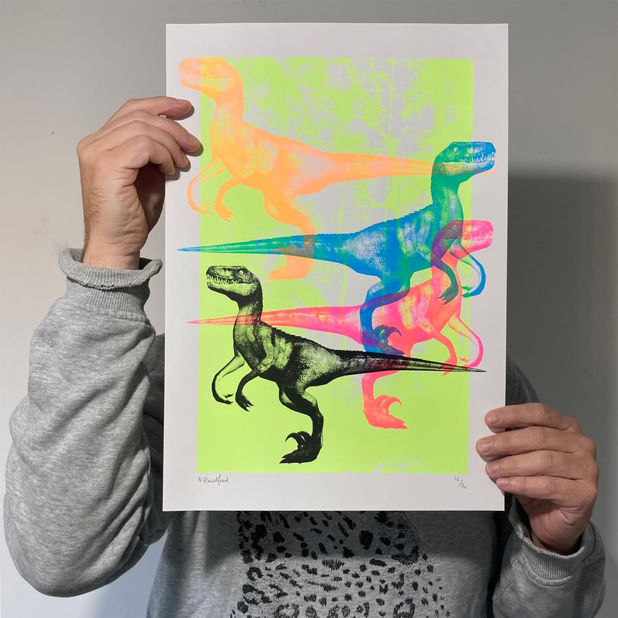 Screen Printed Dinosaur Poster - 'Neon Raptor Party'