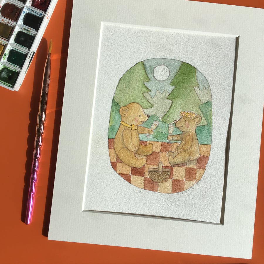 Watercolour Teddy Bear Illustration - Picnic In The Park 