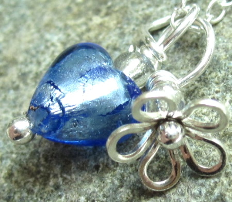 Tiny Venetian Bright Blue Glass Heart & Sterling Silver Flower Pendant necklace