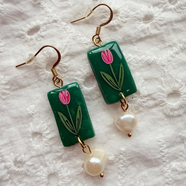 Pink Tulip Pearl Drop Earrings