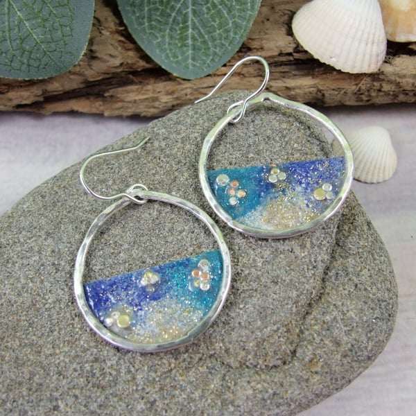 Earrings, Shoreline Sterling Silver & Copper with Blue & White Enamel