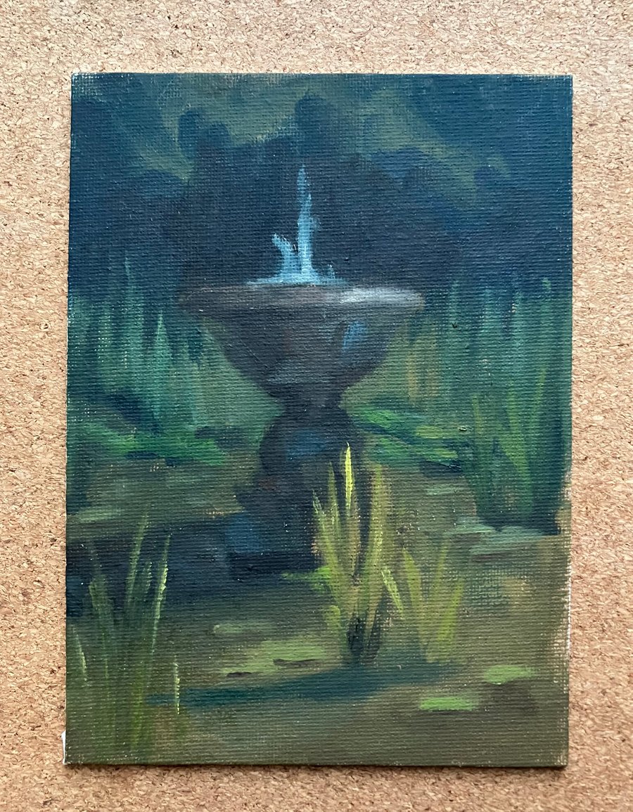 Original mini oil painting - fountain in old english garden