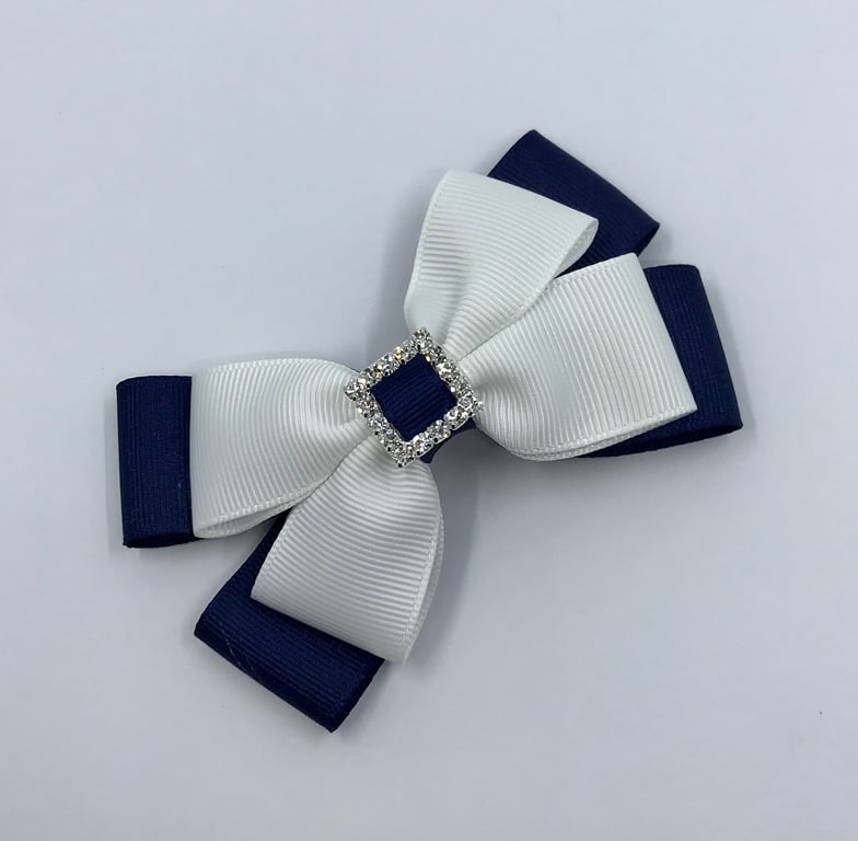 Navy and White Double Layer Bow on Clip