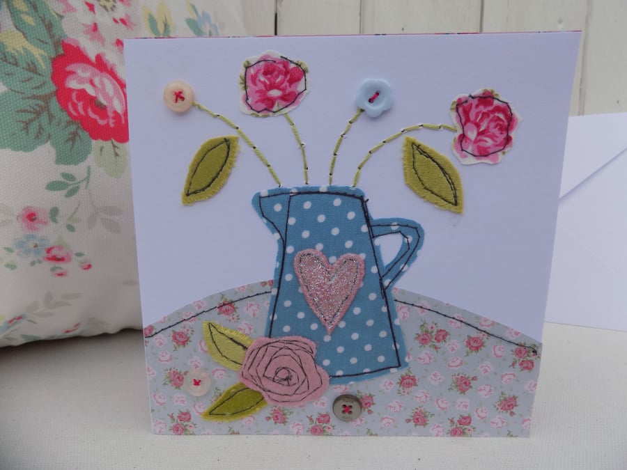 Greeting Card Original Stitched Fabric Blue Spotty Jug of Flowers Blank Birthday