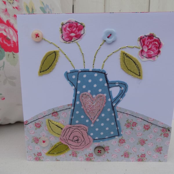 Greeting Card Original Stitched Fabric Blue Spotty Jug of Flowers Blank Birthday