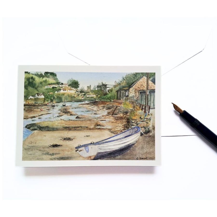 Blank greetings card of Noss Mayo Devon from original painting  size A6