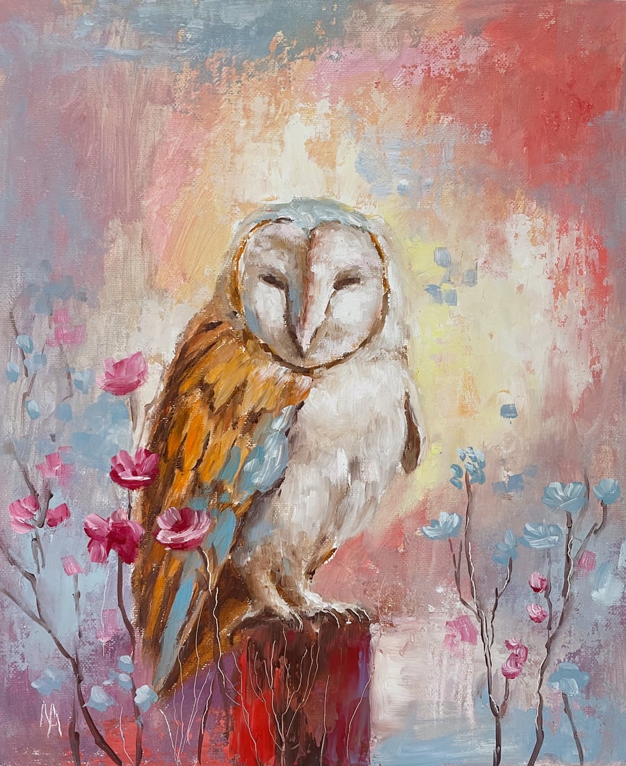 Owl fantasy oil painting on canvas board. 10'' x 12''