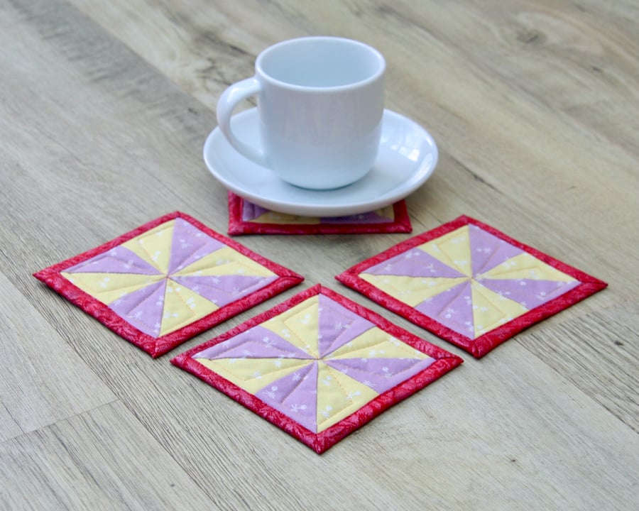 Set of Four Yellow and Purple Spring Flowers and Red Pinwheel Coasters