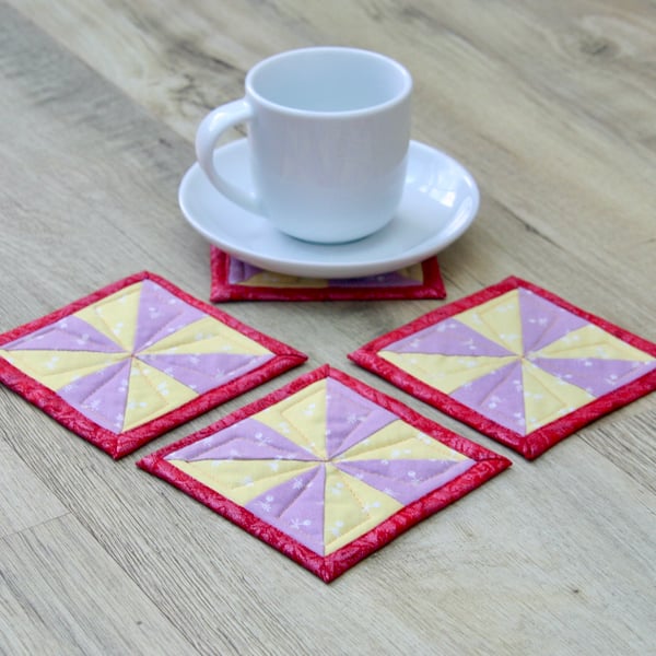 Set of Four Yellow and Purple Spring Flowers and Red Pinwheel Coasters
