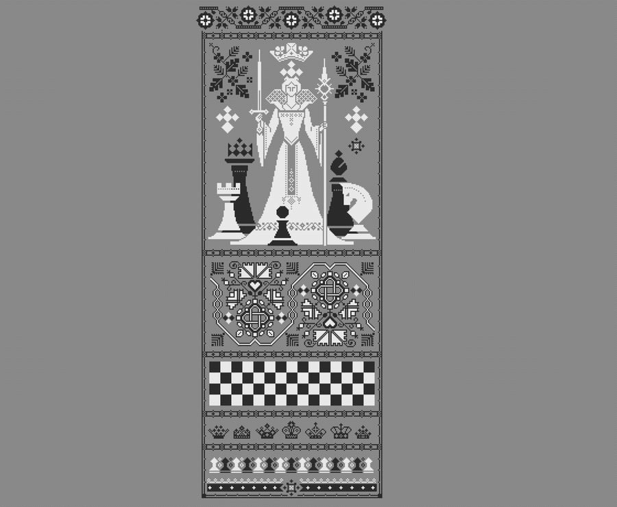 055 - Cross Stitch pattern The White Queen. Chess game sampler, Queens Gambit