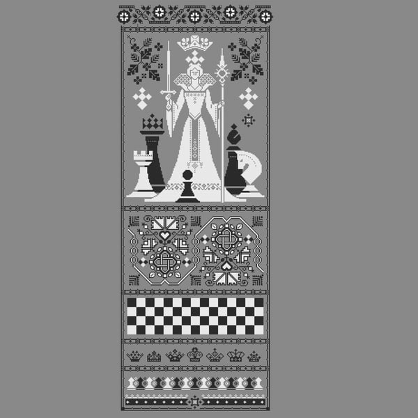 055 - Cross Stitch pattern The White Queen. Chess game sampler, Queens Gambit