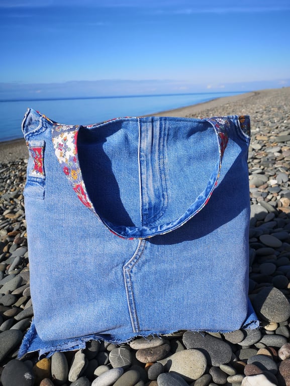 Upcycled denim floral Tote Bag – Handmade Recycled Jeans tote, country lining 