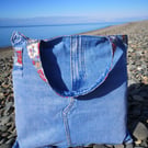 Upcycled denim floral Tote Bag – Handmade Recycled Jeans tote, country lining 