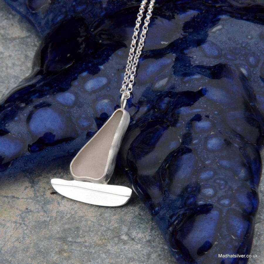 Silver sailing boat, sea glass pendant